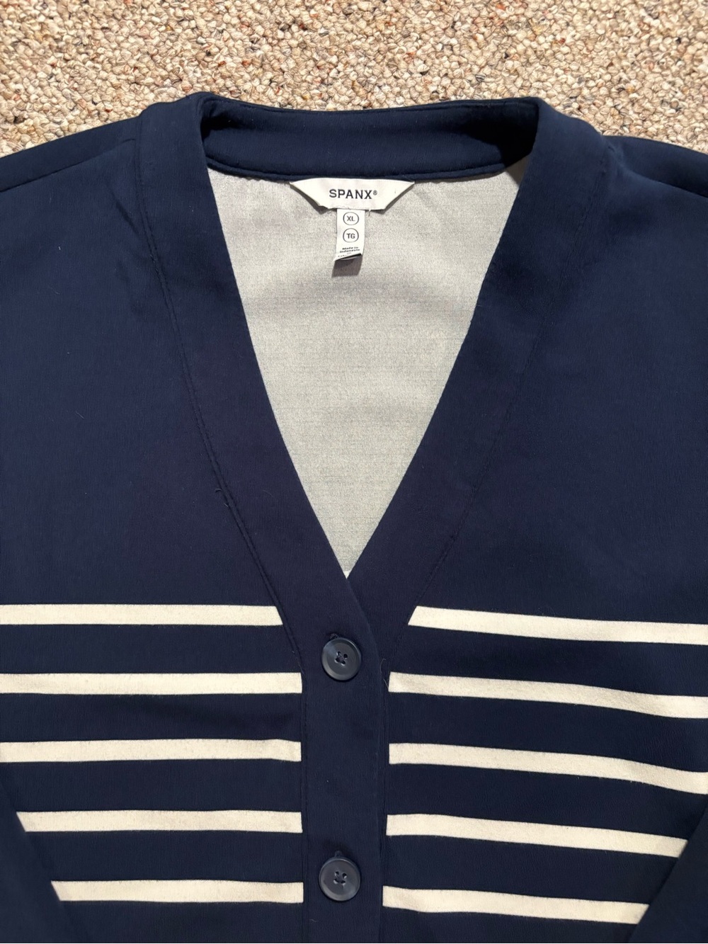 Spanx Navy Stripe V-Neck Button Cardigan Sweater - Picture 4 of 10